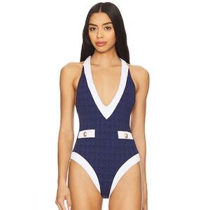L'AGENCE Navy and White One Piece Swimsuit